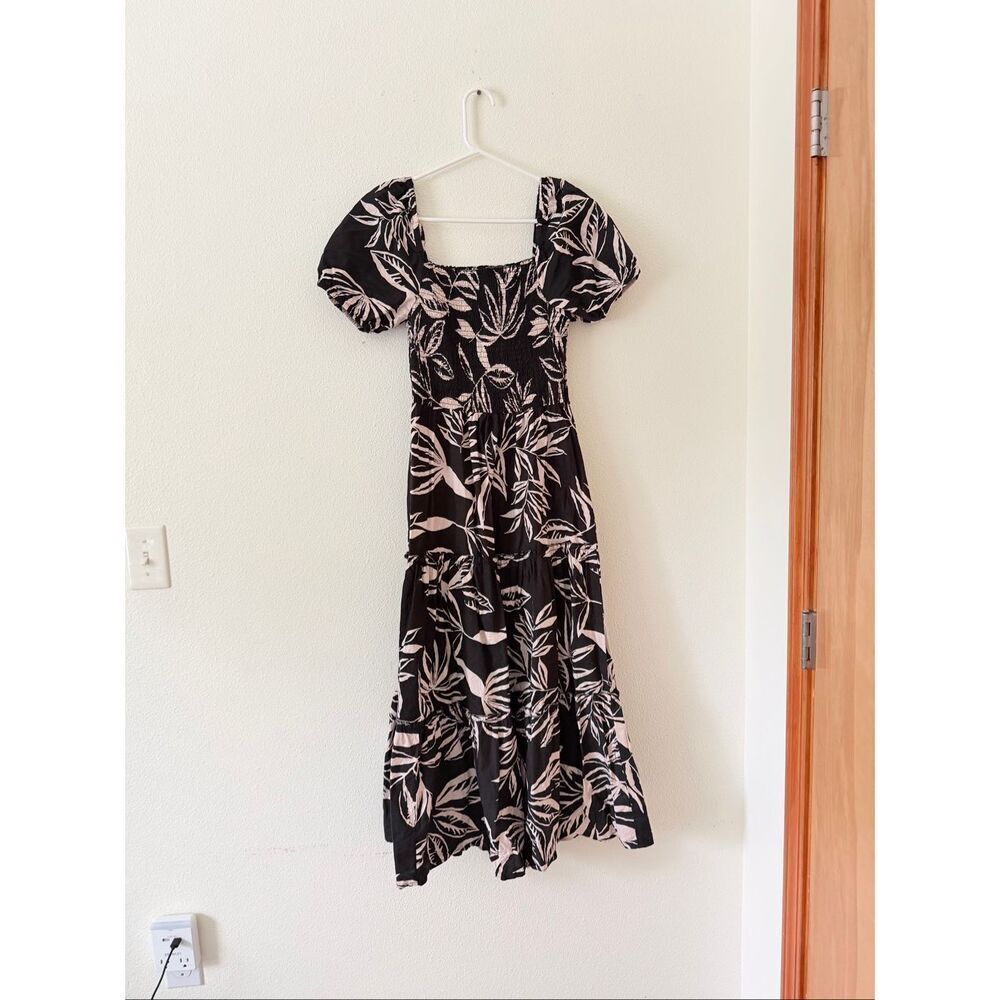 Meadow Rhodes Chic Black and Cream Leaf Pattern Maxi Dress size PS